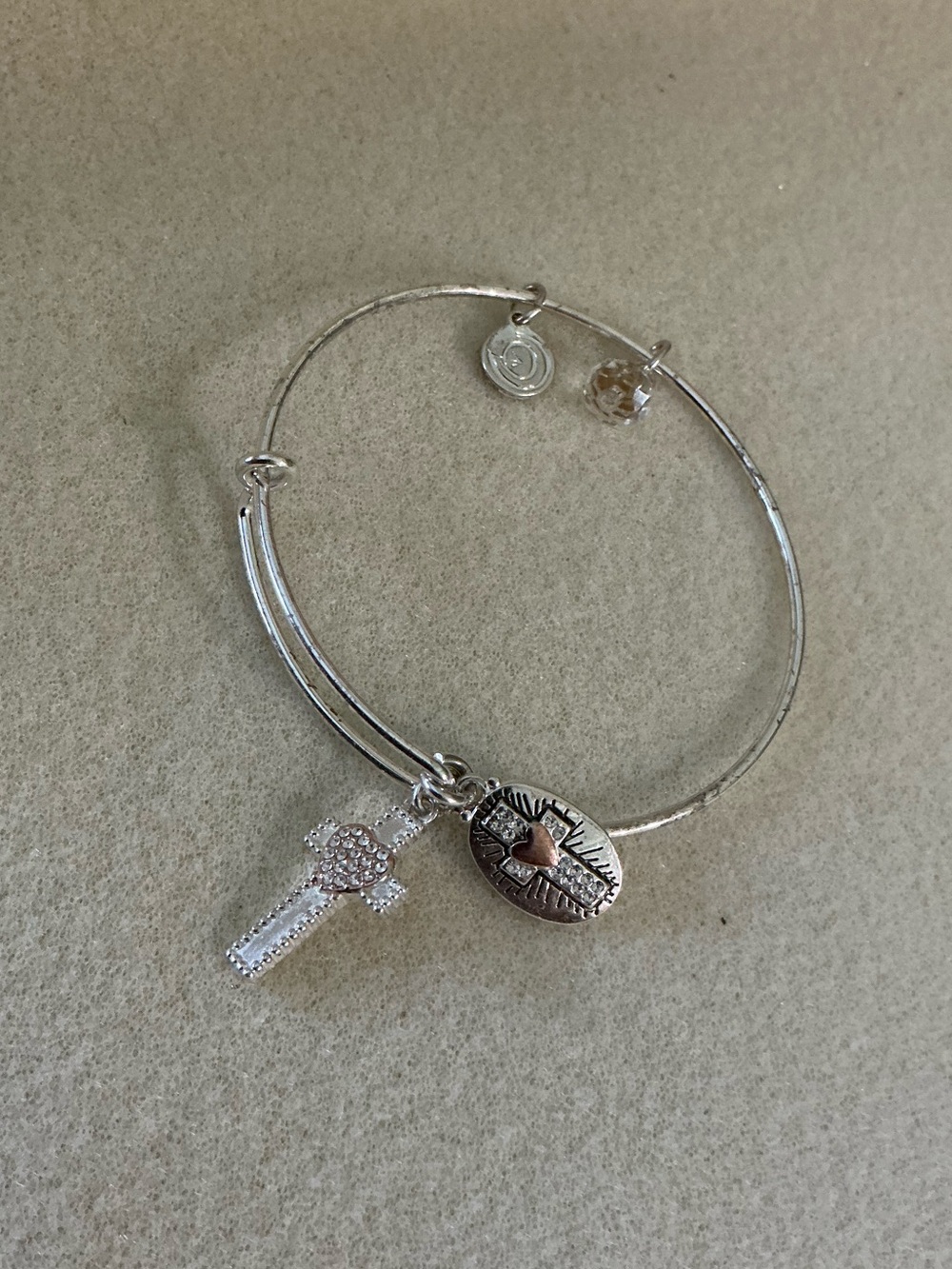 Silver-Tone Cross and Heart Charm Bangle Bracelet, 8”
